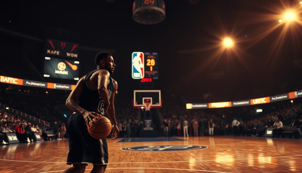 A basketball court at night, illuminated by warm stadium lighting. In the foreground, a player in a sleek NBA jersey dribbles the ball with intense focus. The middle ground features the NBA logo prominently displayed, conveying the professional league's prestige. In the background, the shadowy outlines of spectators in the stands create an electric atmosphere of a live game. The image has a cinematic quality, with a shallow depth of field that isolates the player and draws the viewer's attention. The overall mood is one of high-stakes competition and the thrill of watching the best basketball players in the world.