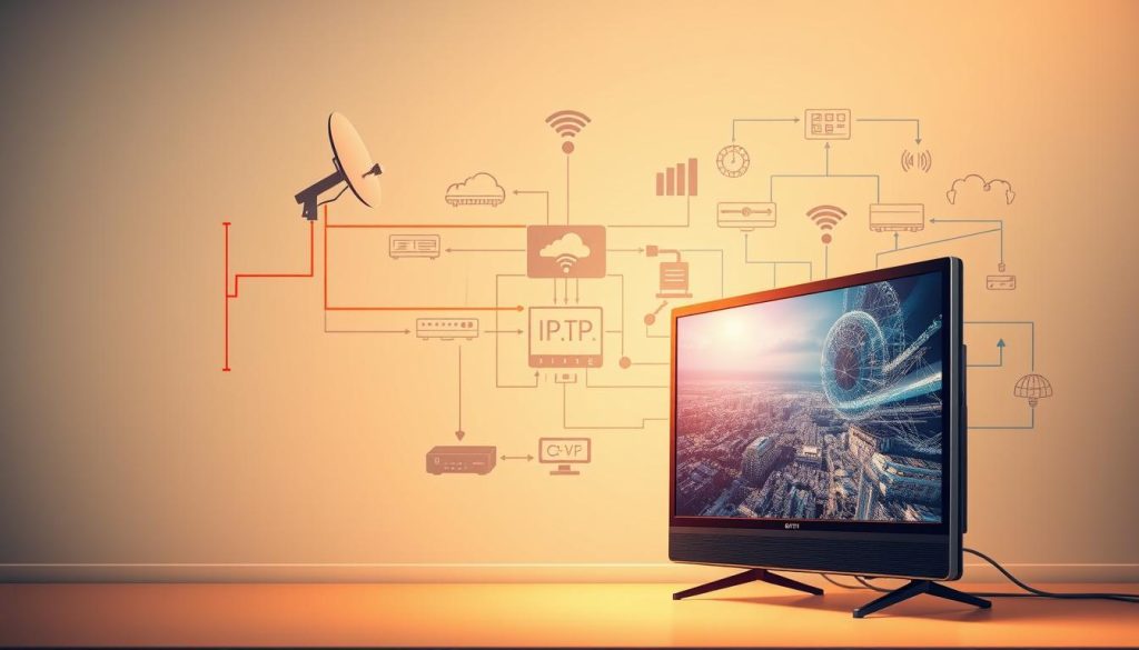 A detailed, technical illustration of IPTV technology. In the foreground, a modern smart TV set displays a crisp, high-definition video feed. In the middle ground, colorful network cables and Wi-Fi signals transmit data seamlessly between the TV, a satellite dish, and a remote server. In the background, a complex diagram showcases the underlying IPTV infrastructure, including internet routers, content delivery networks, and cloud-based media platforms. The scene is illuminated by warm, soft lighting, creating a professional, informative atmosphere. The composition emphasizes the simplicity and accessibility of IPTV for the end-user, while highlighting the sophisticated technological components that enable this innovative video delivery system.