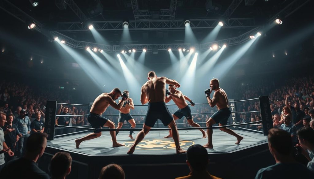 A dynamic octagonal ring set against a backdrop of cheering spectators, capturing the exhilarating energy of UFC events. Fighters in sleek, high-performance attire engage in intense grappling and striking, their movements frozen in time. Spotlights illuminate the action, casting dramatic shadows and highlights that heighten the sense of drama. The overall atmosphere conveys the thrill and spectacle of these major MMA competitions, drawing the viewer into the heart of the action.