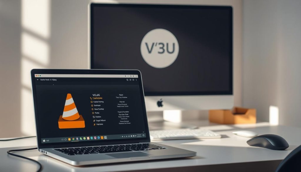 A minimalist, clean-looking desktop computer setup with a laptop, monitor, mouse, and keyboard. The laptop is positioned in the foreground, its screen displaying the VLC media player interface. The monitor in the middle ground shows the VLC logo and a simple, uncluttered interface. In the background, a neatly organized desk with a tasteful, modern aesthetic. The lighting is soft and natural, creating a calm, productive atmosphere. The overall scene conveys the basic requirements for enjoying M3U playlists on VLC - a capable computer setup with the VLC media player ready to use.