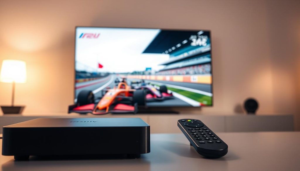 A sleek and modern IPTV setup displaying the live F1 race, with a high-resolution screen showcasing the action on the track. The foreground features the IPTV box and remote, expertly crafted with clean lines and a premium finish. The middle ground showcases the video feed, capturing the vibrant colors and dynamic movement of the Formula 1 cars as they race around the circuit. The background is a minimalist, well-lit environment, emphasizing the clarity and immersion of the IPTV experience. Soft lighting creates a warm, engaging atmosphere, inviting the viewer to imagine themselves at the heart of the F1 event, thanks to the power and convenience of IPTV technology.
