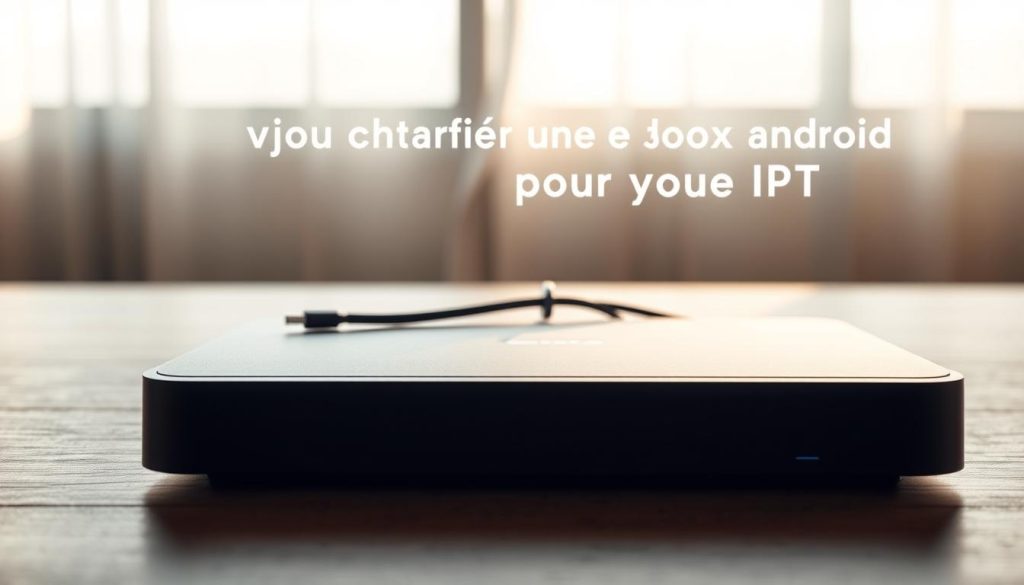 A sleek, modern Android IPTV box rests on a minimalist wooden table, its clean lines and matte black finish catching the soft, diffused light filtering in from a large window. The device's silhouette is highlighted, drawing the eye to its simple yet elegant design. In the middle ground, a cable snakes out from the back, hinting at the box's connectivity and functionality. The background fades into a soft, blurred gradient, emphasizing the product's focal point. The overall scene conveys a sense of technology seamlessly integrated into a refined, contemporary space, perfectly suited for the "Pourquoi choisir une box Android pour votre IPTV" section.