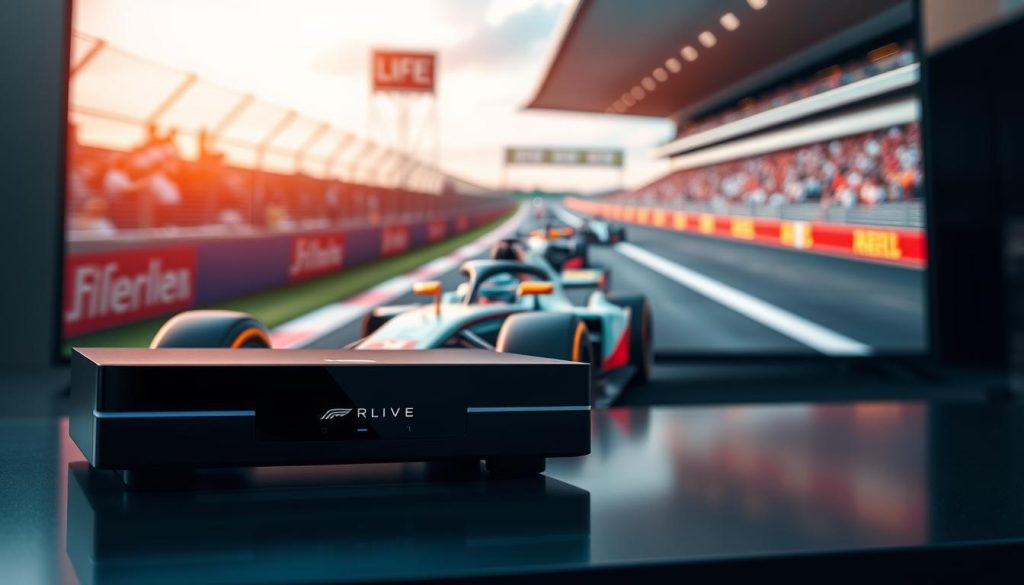 A streaming platform displaying a live Formula 1 race, the screen filled with vibrant colors and dynamic camera angles capturing the speed and intensity of the sport. In the foreground, a sleek, high-end IPTV device commands attention, its sleek design and intuitive interface suggesting the seamless integration of live motorsports content. The background is blurred, allowing the focus to remain on the captivating race footage and the IPTV system, symbolizing the modern, immersive viewing experience for passionate automotive enthusiasts.