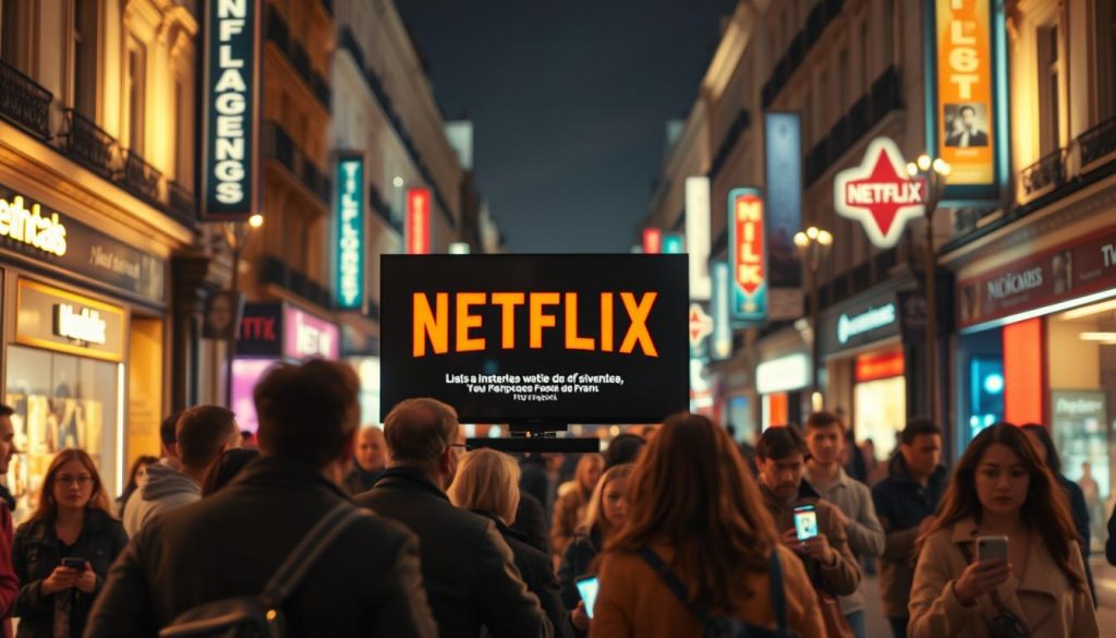 A vibrant and dynamic street scene in a bustling French city, showcasing the rise of IPTV as a platform for accessing Netflix content. In the foreground, a group of people gather around a TV screen displaying the Netflix logo, engrossed in the latest series. In the middle ground, pedestrians hurry past, their smartphones in hand, hinting at the widespread adoption of IPTV technology. The background is a blur of urban architecture, neon signs, and the faint glow of street lamps, creating an atmospheric and immersive atmosphere. The lighting is a warm, golden hue, conveying a sense of energy and excitement surrounding the phenomenon of Netflix IPTV in France.